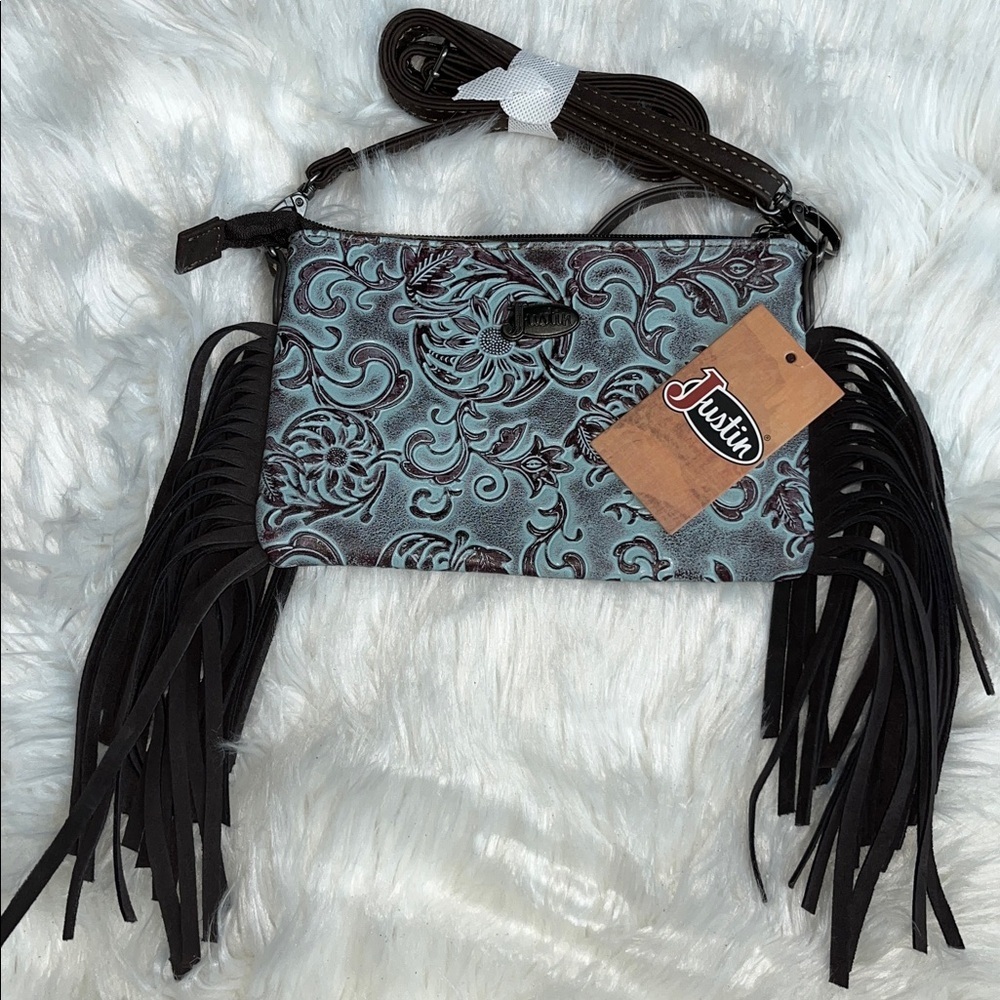 🆕 JUSTIN WOMEN'S CROSSBODY BAG TURQUOISE TOOLED SUNFLOWER PATTERN FRINGE